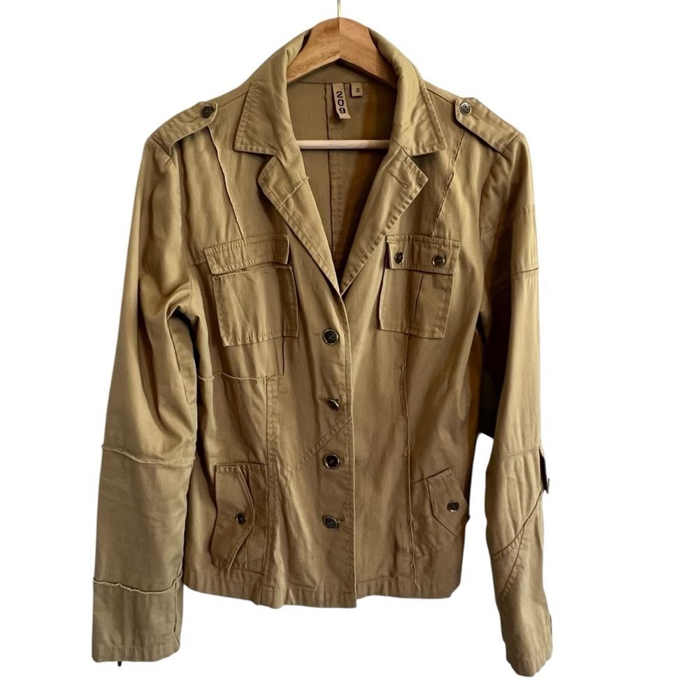 209 Womens Tan Military Jacket Size M Button Up Utility Cargo Safari Lightweight